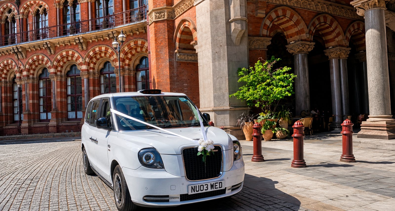 White electric TXE wedding taxi with ribbons and roses beneath the arches at St Pancras