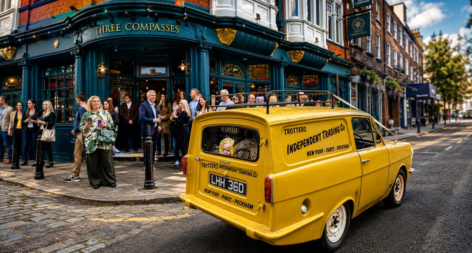 Yellow Reliant Regal Supervan III Trotters Independent Trading van outside a London pub