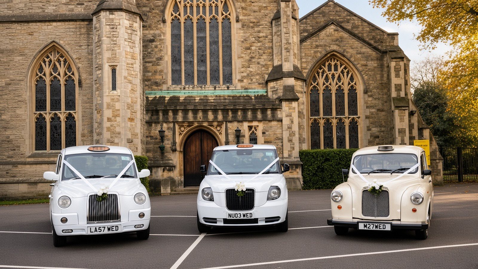 Three white wedding taxis with ivory ribbons outside a stone church