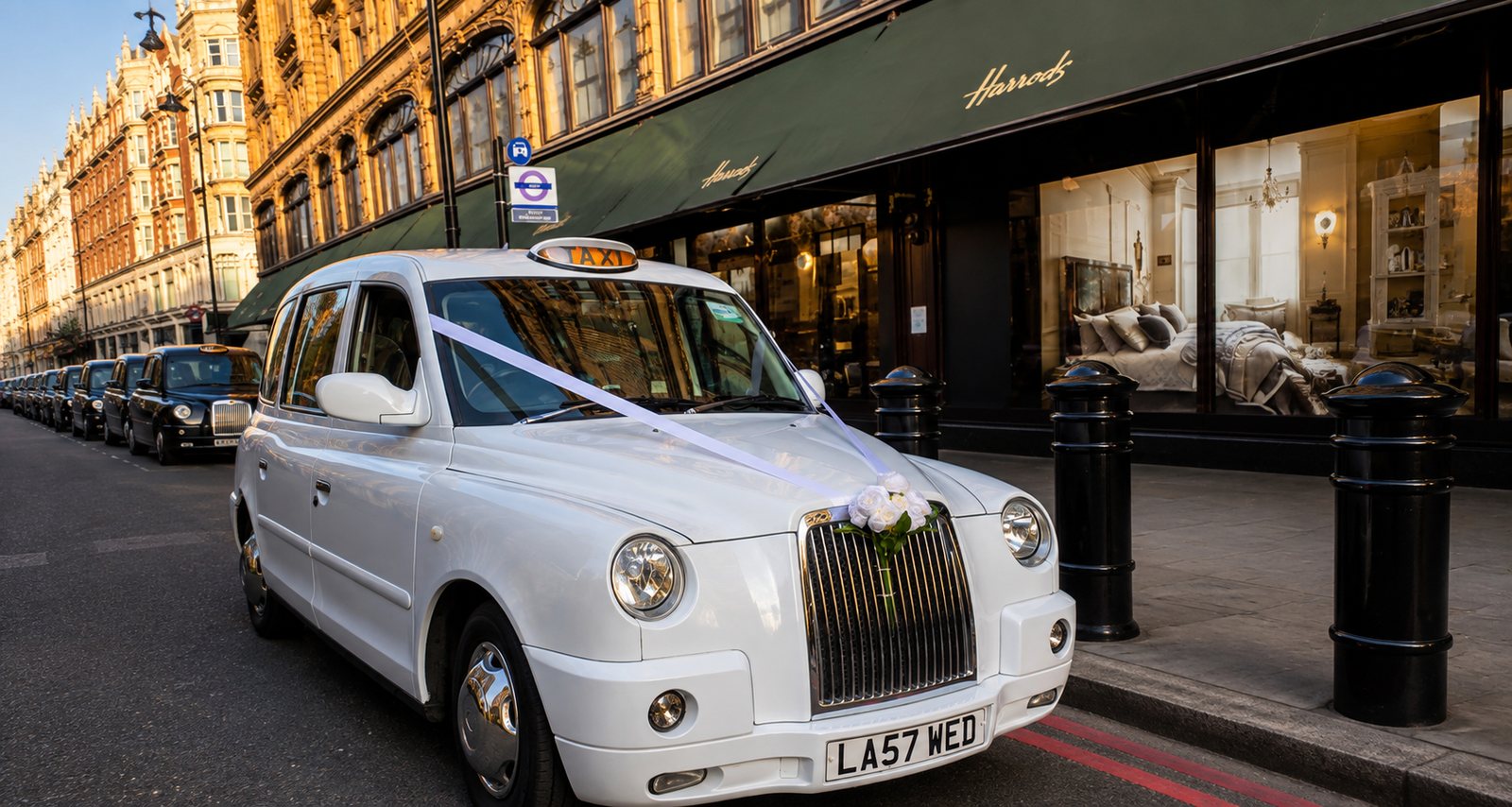 White wedding taxi with ribbons and roses outside Harrods in Knightsbridge, London