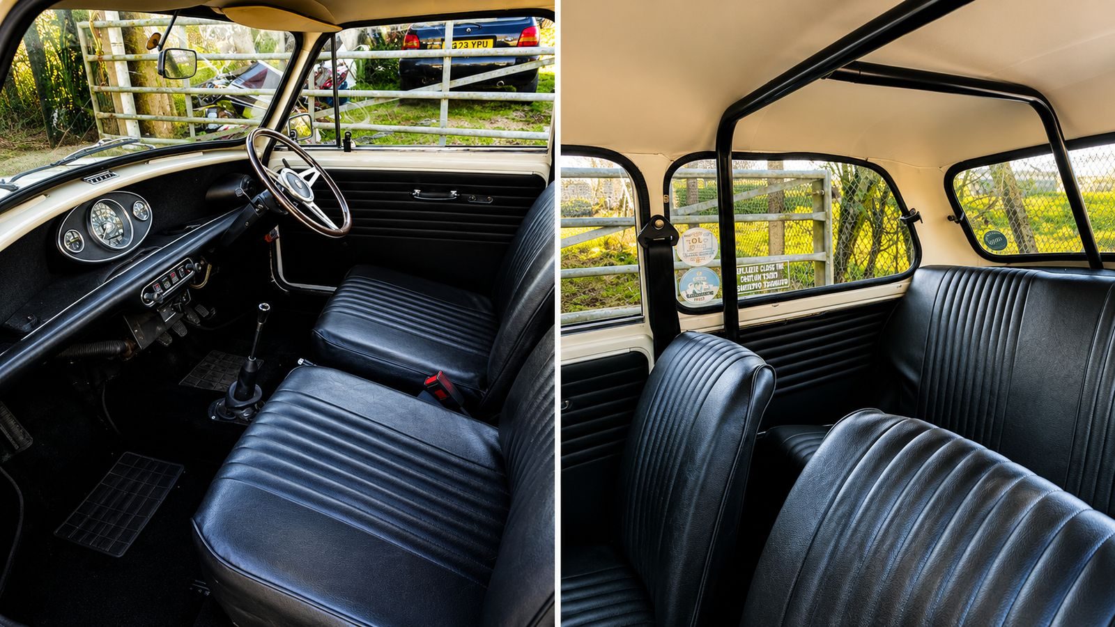 Interior of the Italian Job Mini with black seats and classic dials