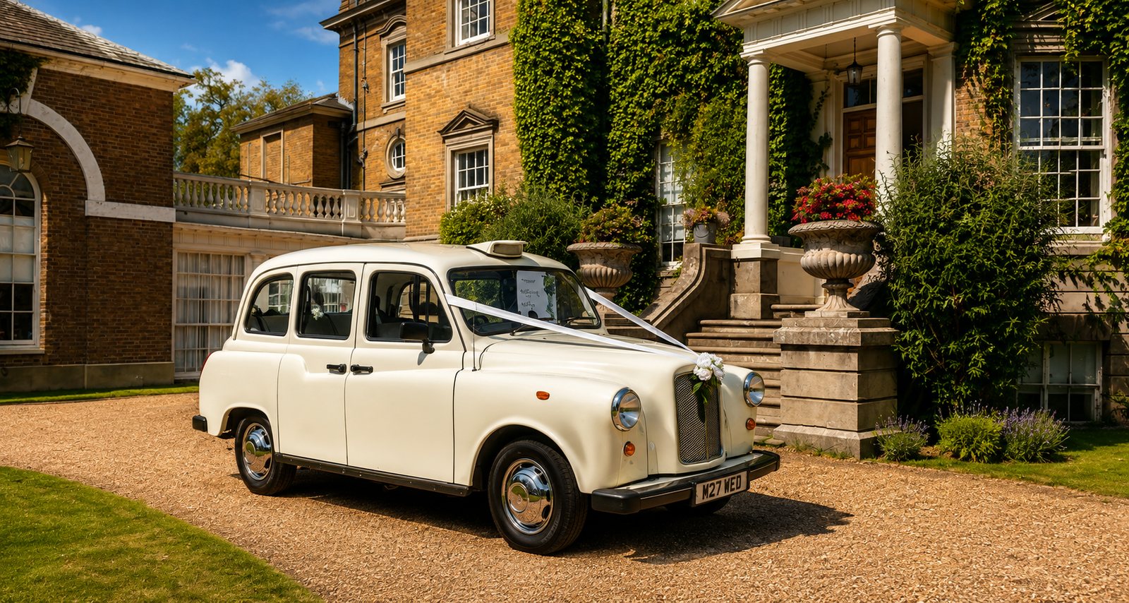 Ivory Classic Fairway wedding taxi with white ribbons on the driveway of a country manor house
