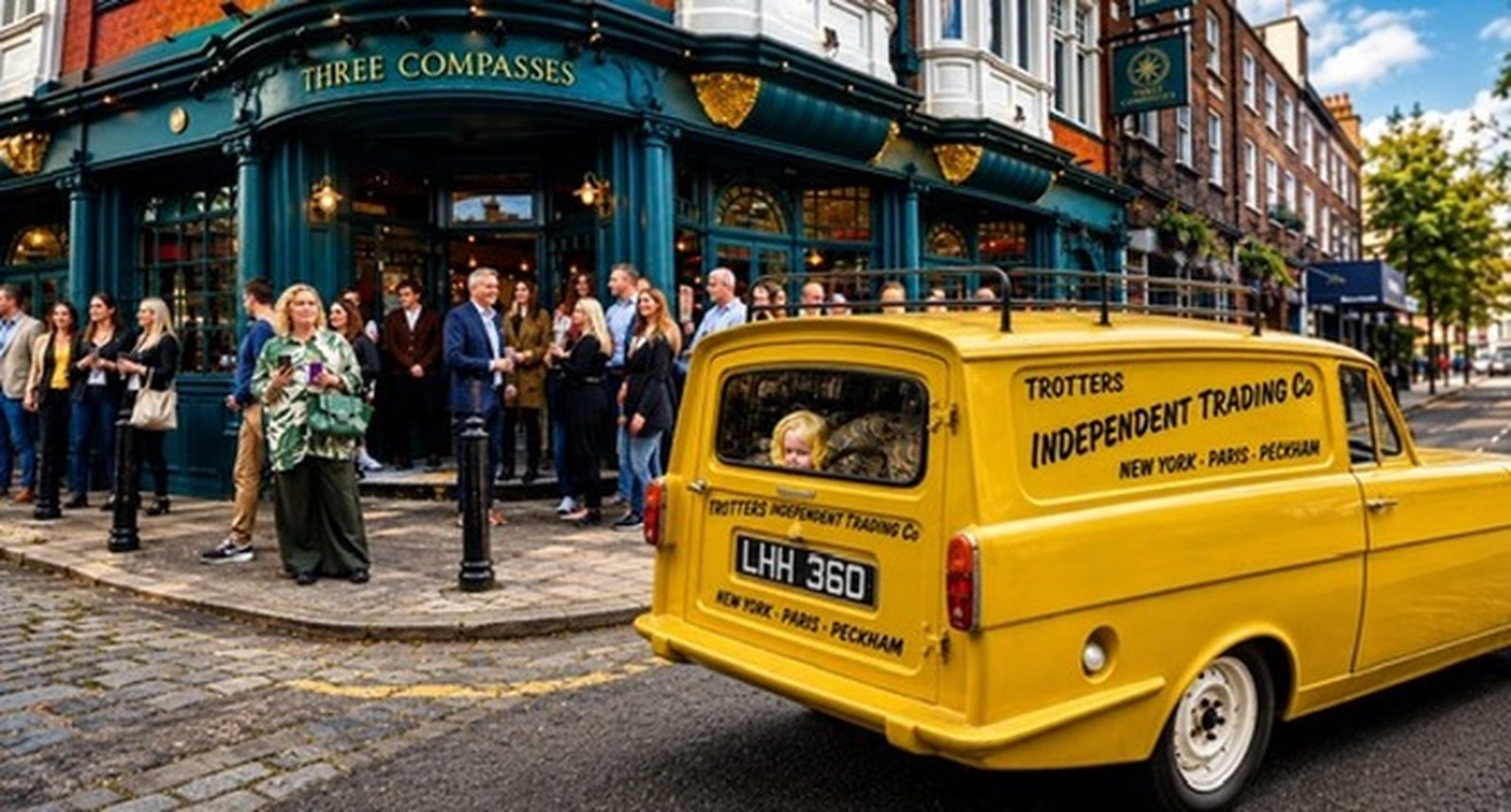 Yellow Reliant Regal Supervan III Trotters Independent Trading van outside a London pub