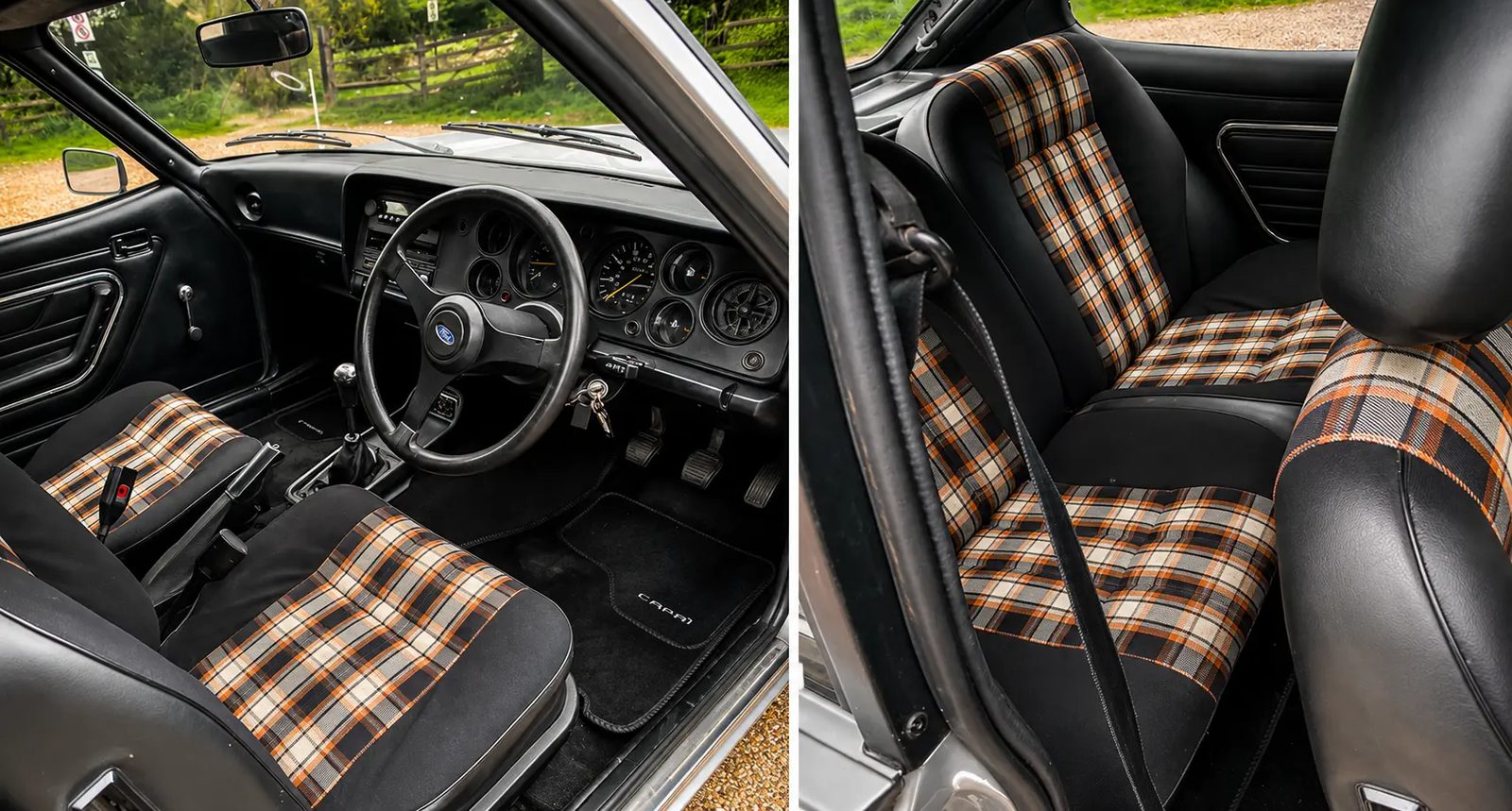 Interior of the Ford Capri 3.0 S with tartan check seats and classic dashboard