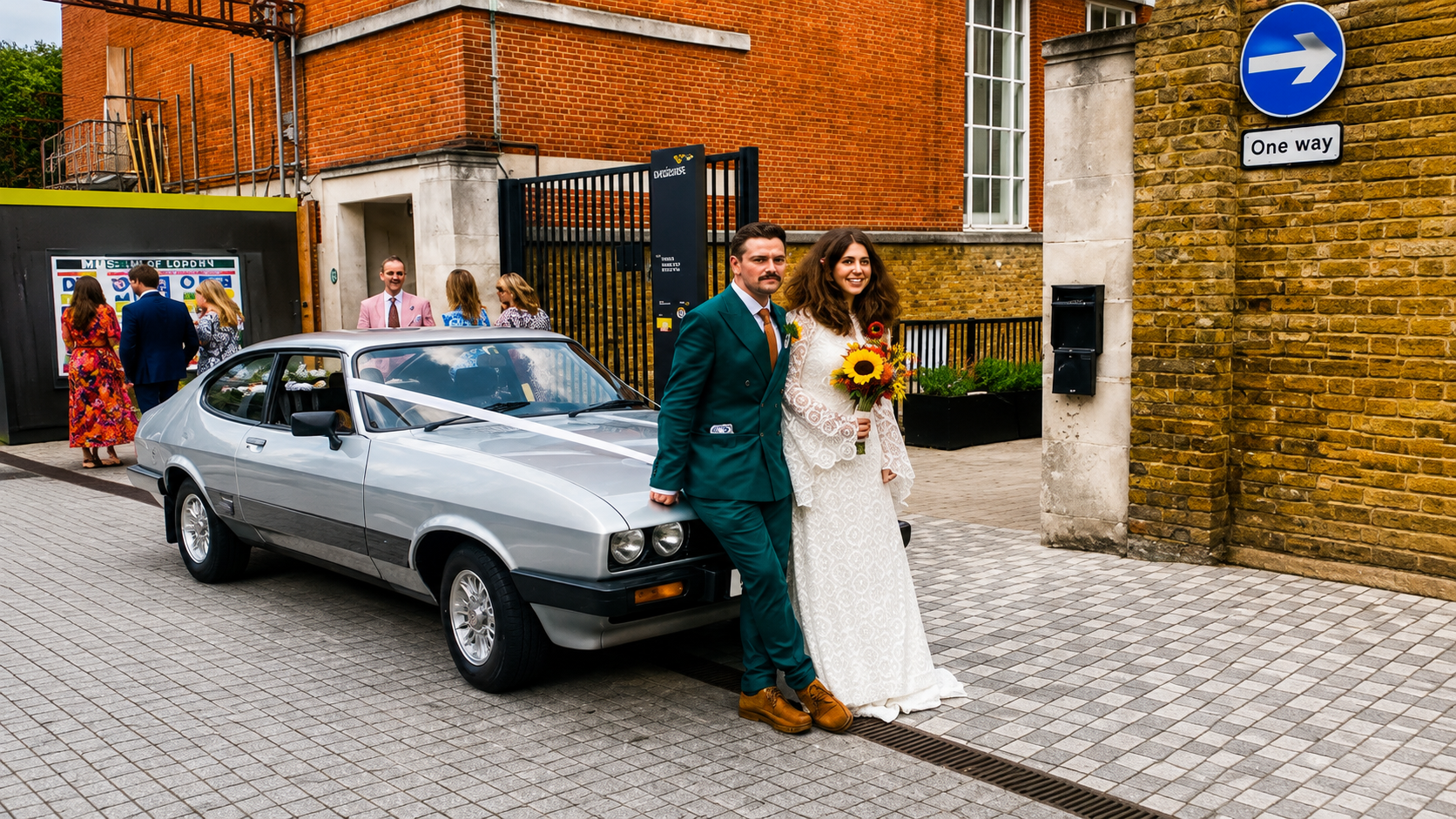 Newlyweds with the silver Ford Capri 3.0 S outside a London venue